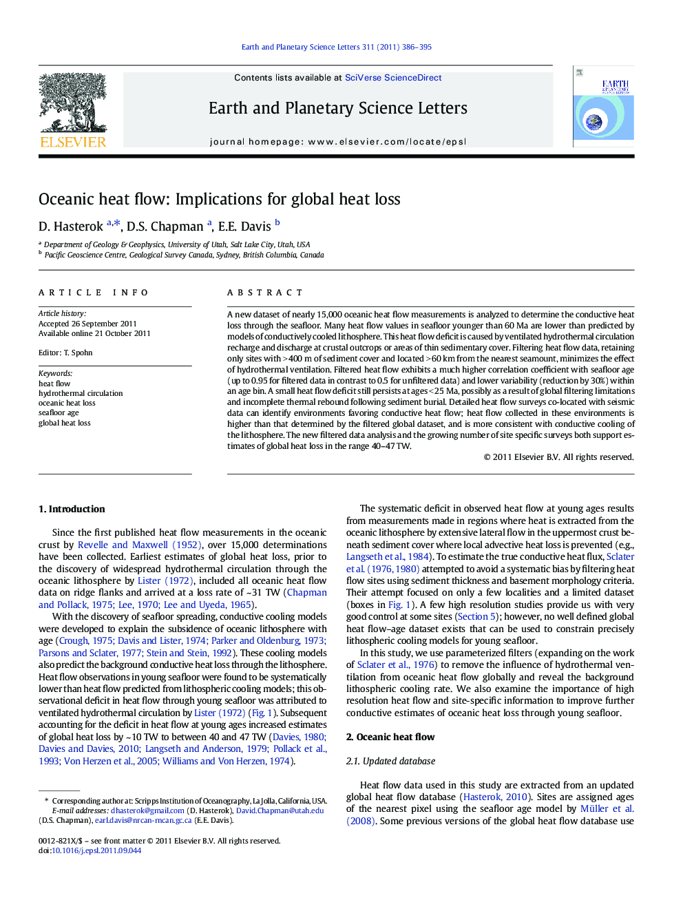 Oceanic heat flow: Implications for global heat loss