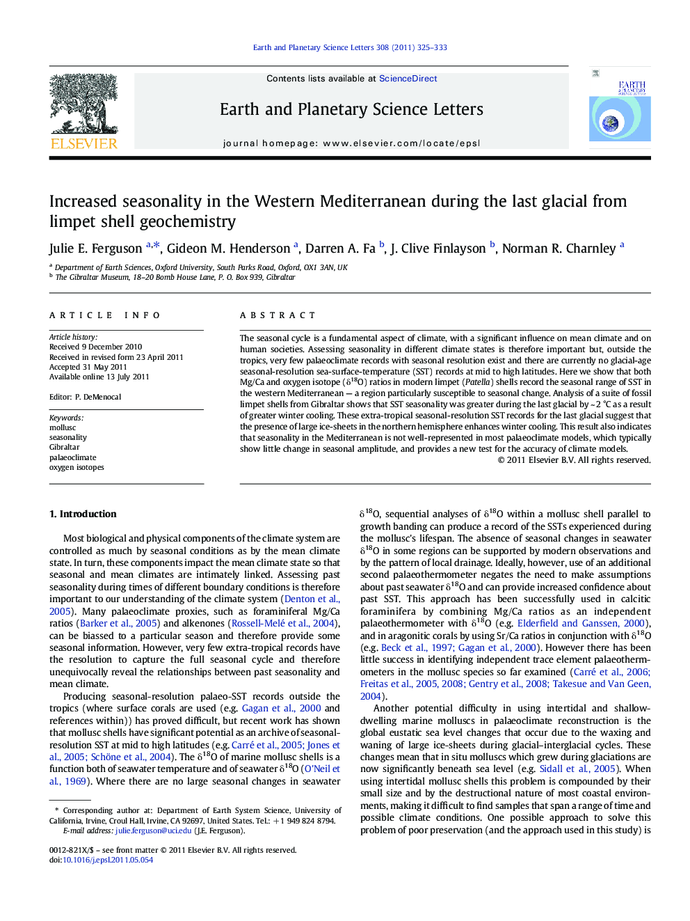 Increased seasonality in the Western Mediterranean during the last glacial from limpet shell geochemistry