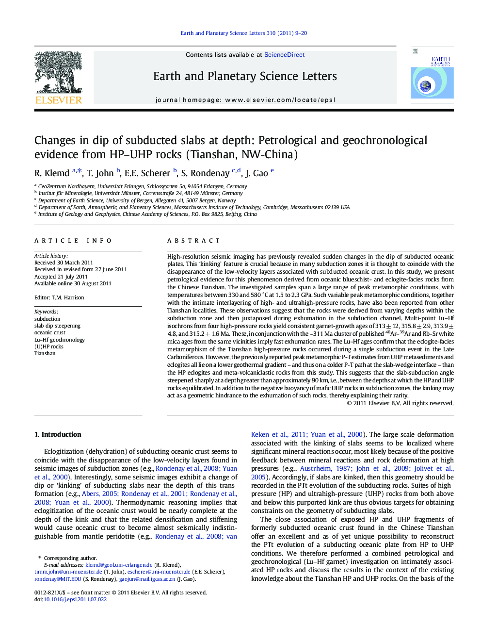 Changes in dip of subducted slabs at depth: Petrological and geochronological evidence from HP–UHP rocks (Tianshan, NW-China)