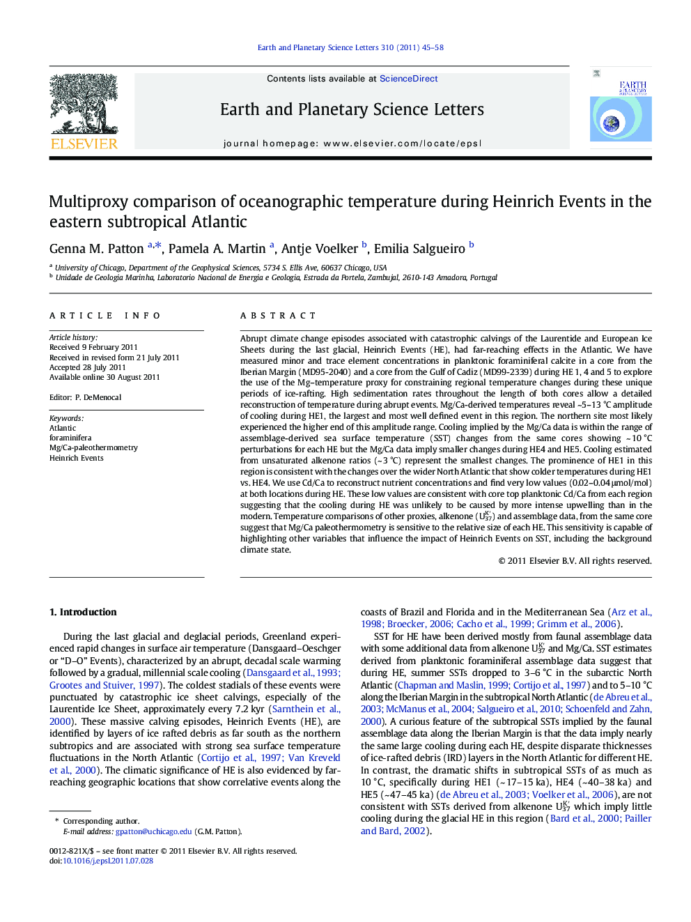 Multiproxy comparison of oceanographic temperature during Heinrich Events in the eastern subtropical Atlantic