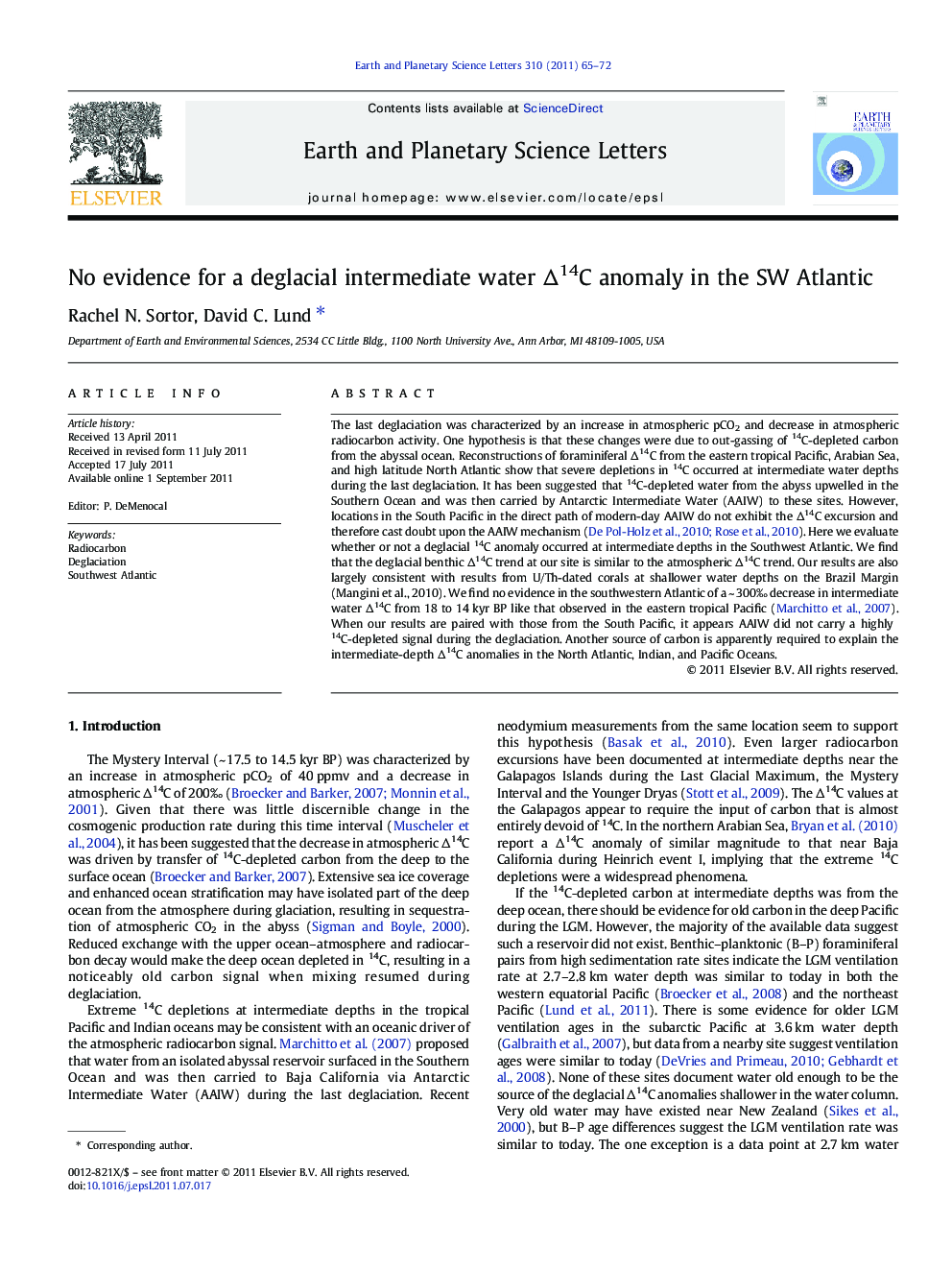 No evidence for a deglacial intermediate water Δ14C anomaly in the SW Atlantic