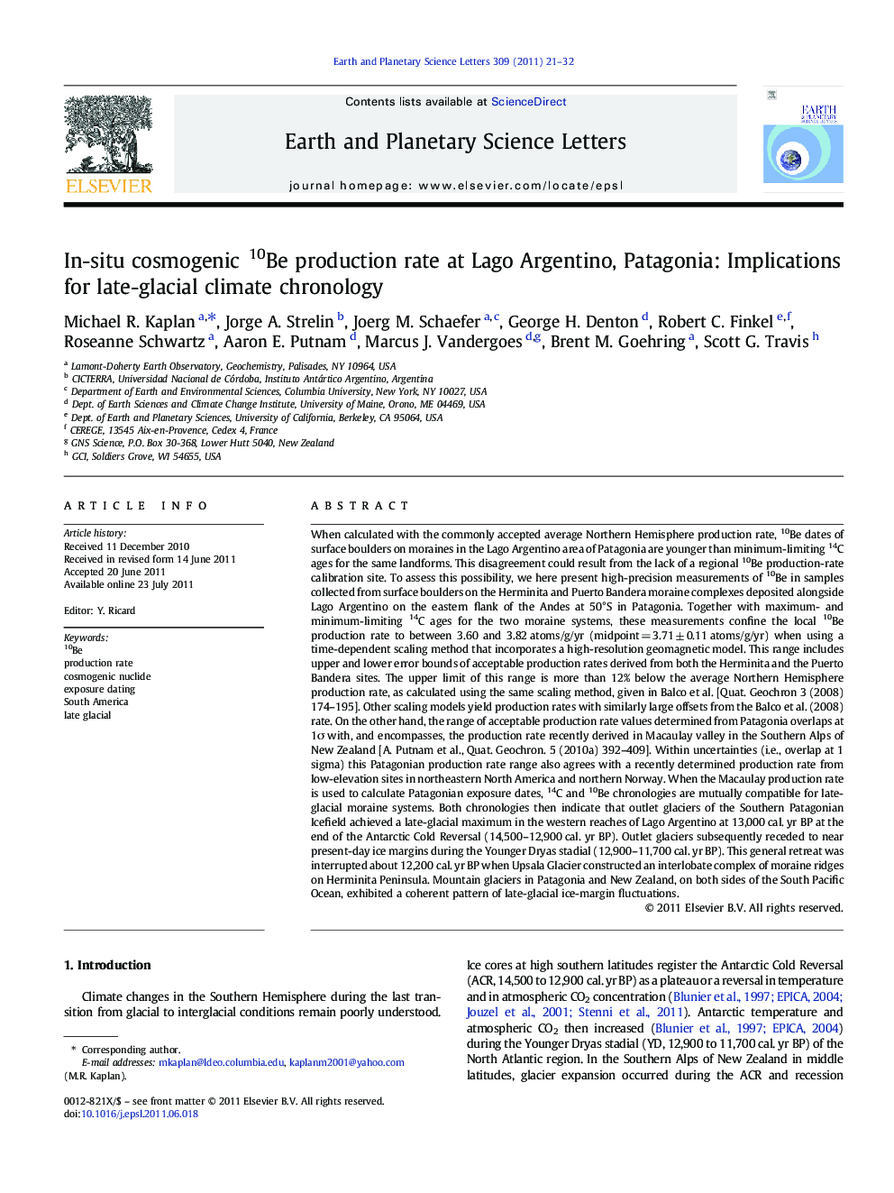 In-situ cosmogenic 10Be production rate at Lago Argentino, Patagonia: Implications for late-glacial climate chronology