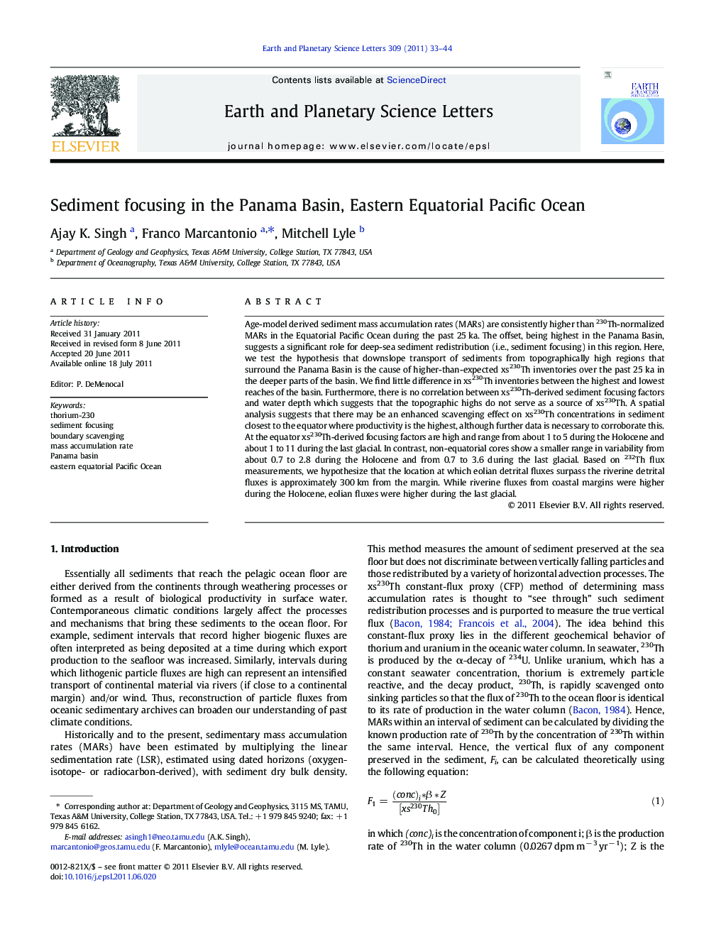 Sediment focusing in the Panama Basin, Eastern Equatorial Pacific Ocean