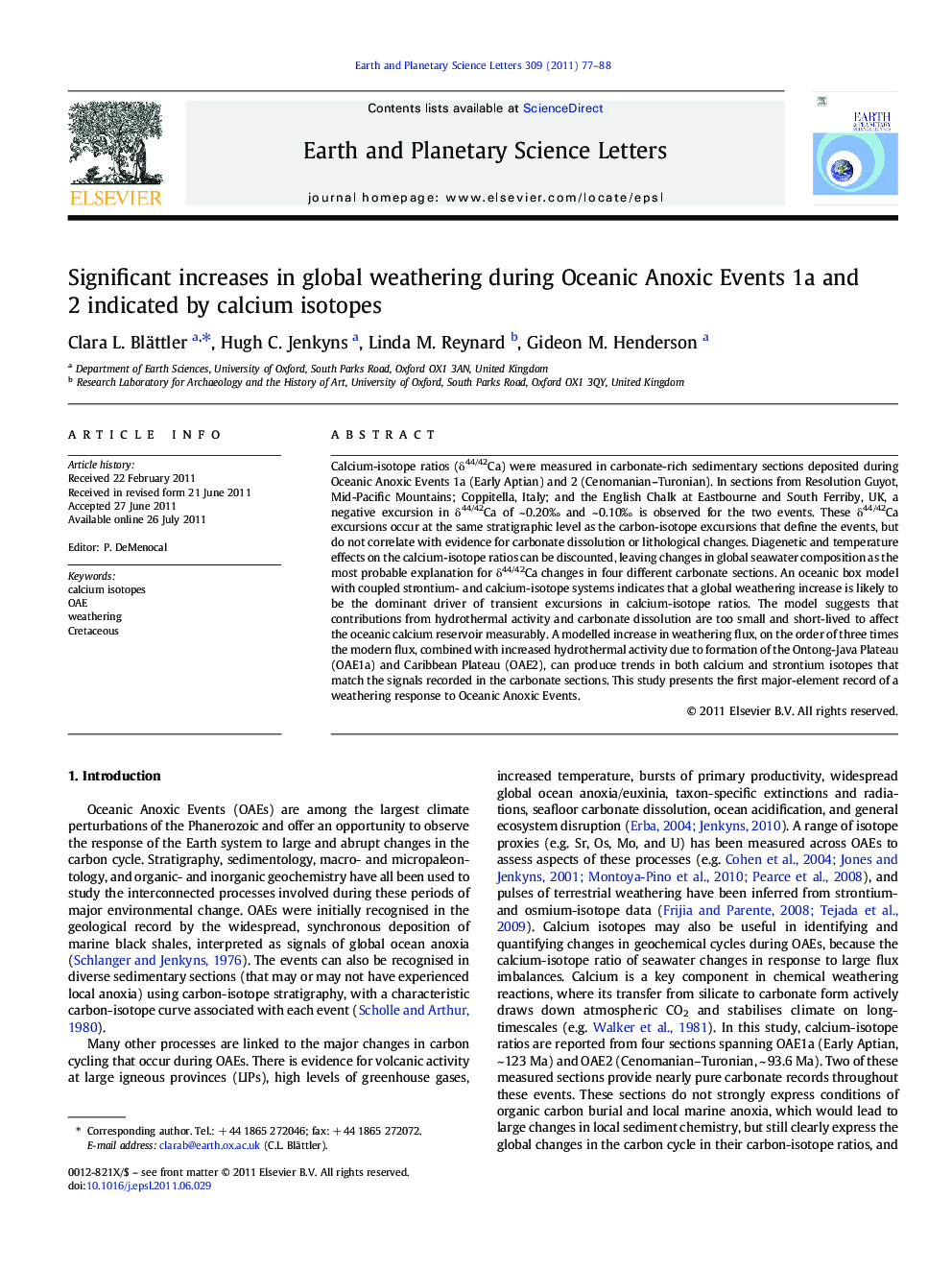 Significant increases in global weathering during Oceanic Anoxic Events 1a and 2 indicated by calcium isotopes