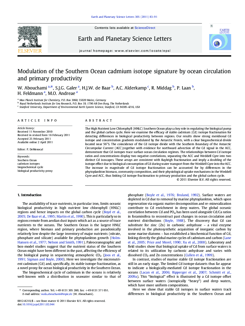 Modulation of the Southern Ocean cadmium isotope signature by ocean circulation and primary productivity