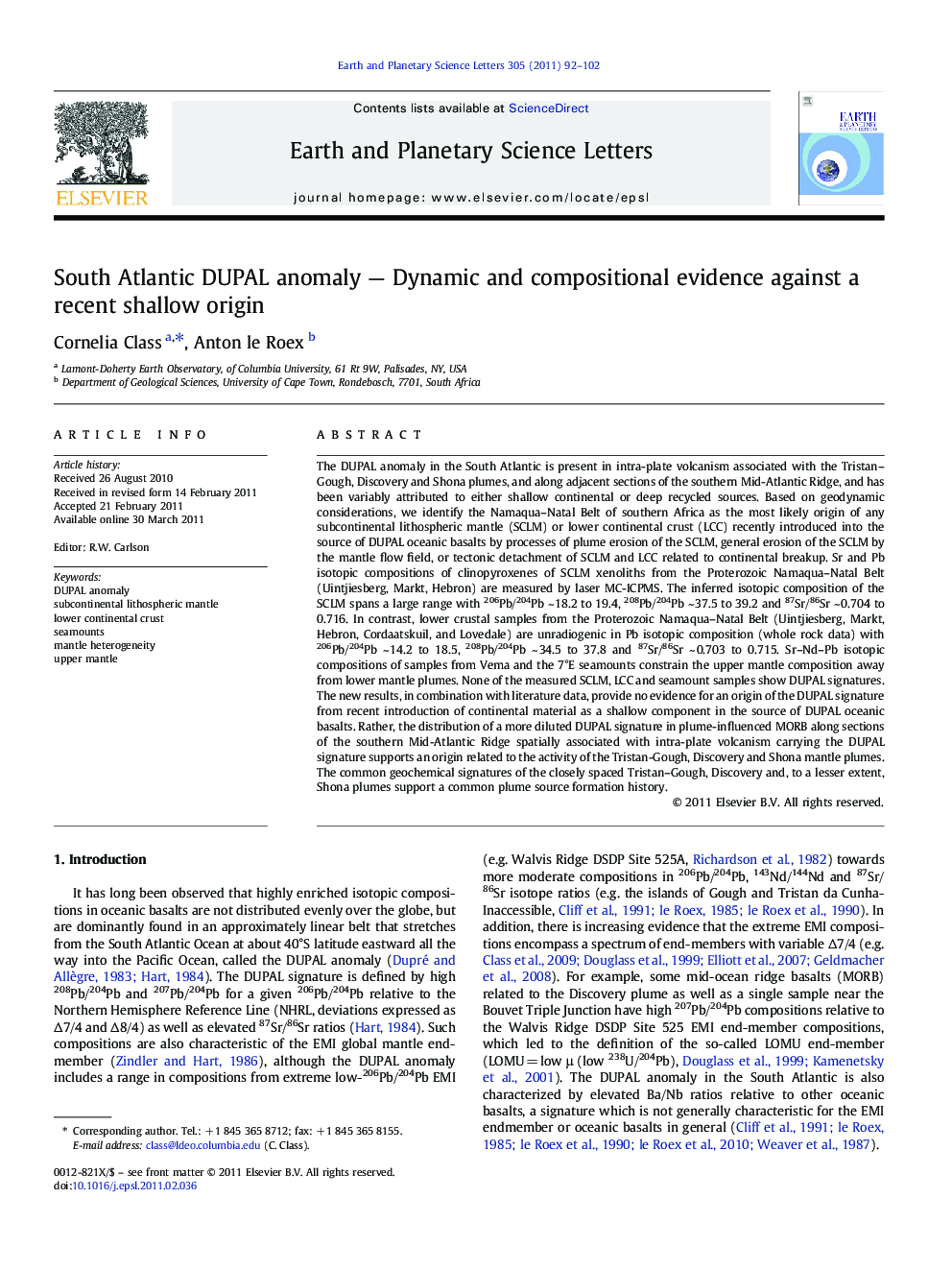 South Atlantic DUPAL anomaly — Dynamic and compositional evidence against a recent shallow origin