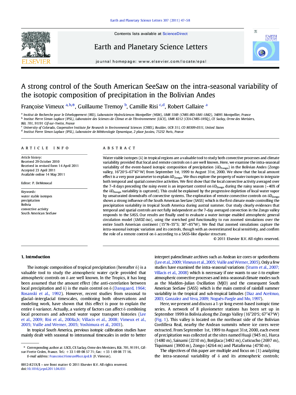 A strong control of the South American SeeSaw on the intra-seasonal variability of the isotopic composition of precipitation in the Bolivian Andes