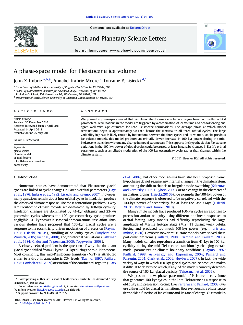 A phase-space model for Pleistocene ice volume