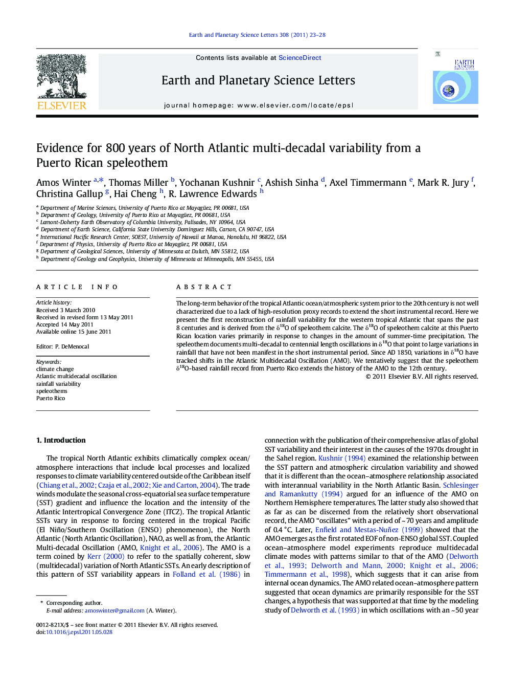 Evidence for 800 years of North Atlantic multi-decadal variability from a Puerto Rican speleothem