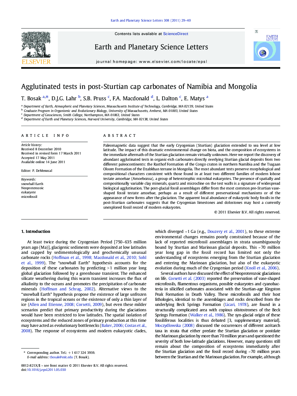 Agglutinated tests in post-Sturtian cap carbonates of Namibia and Mongolia