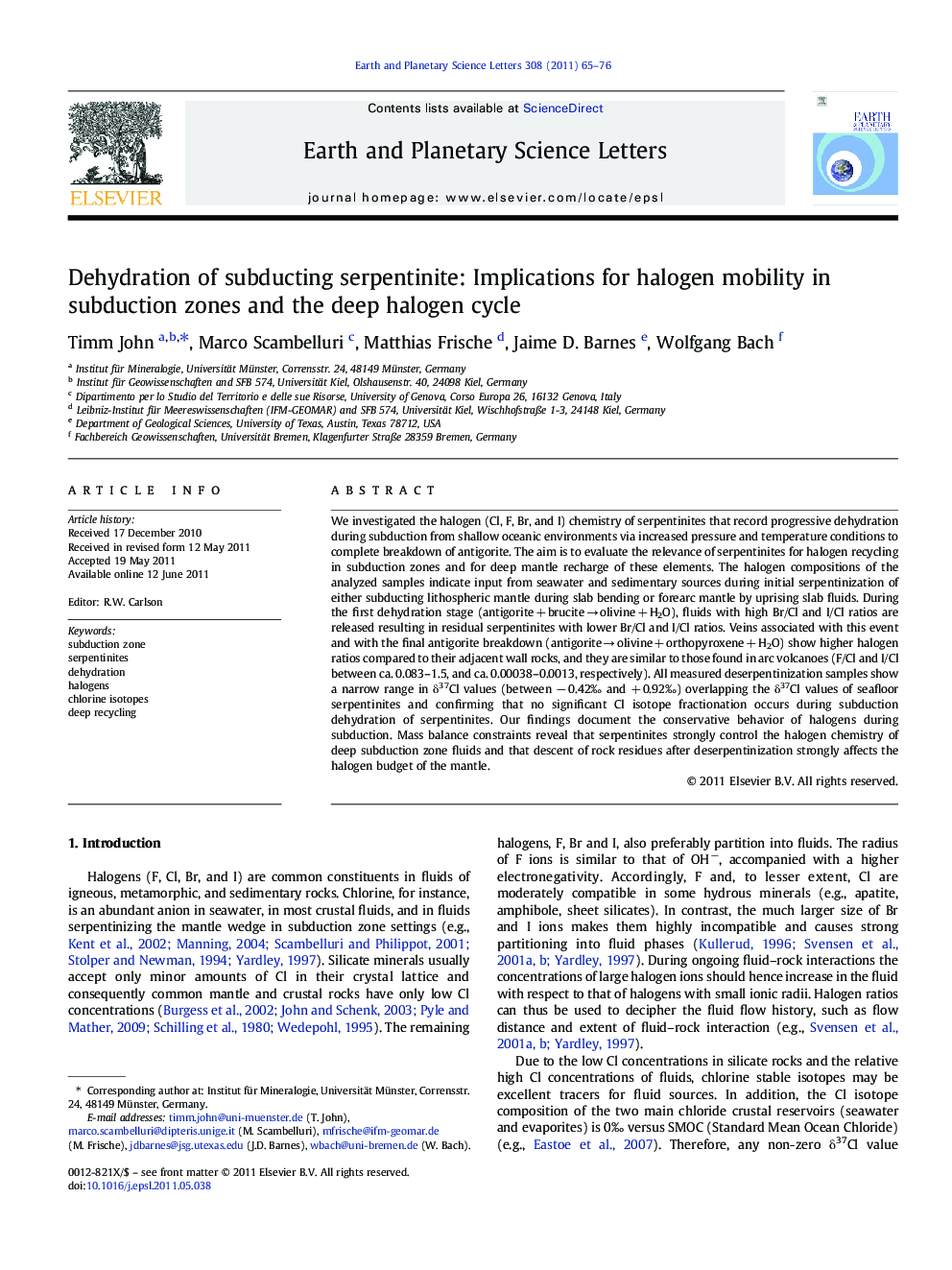 Dehydration of subducting serpentinite: Implications for halogen mobility in subduction zones and the deep halogen cycle