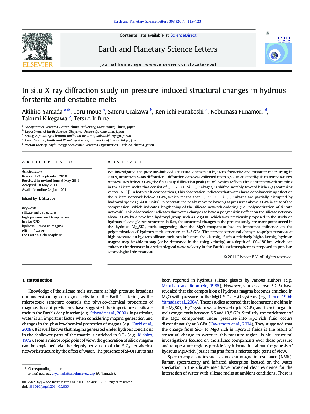 In situ X-ray diffraction study on pressure-induced structural changes in hydrous forsterite and enstatite melts