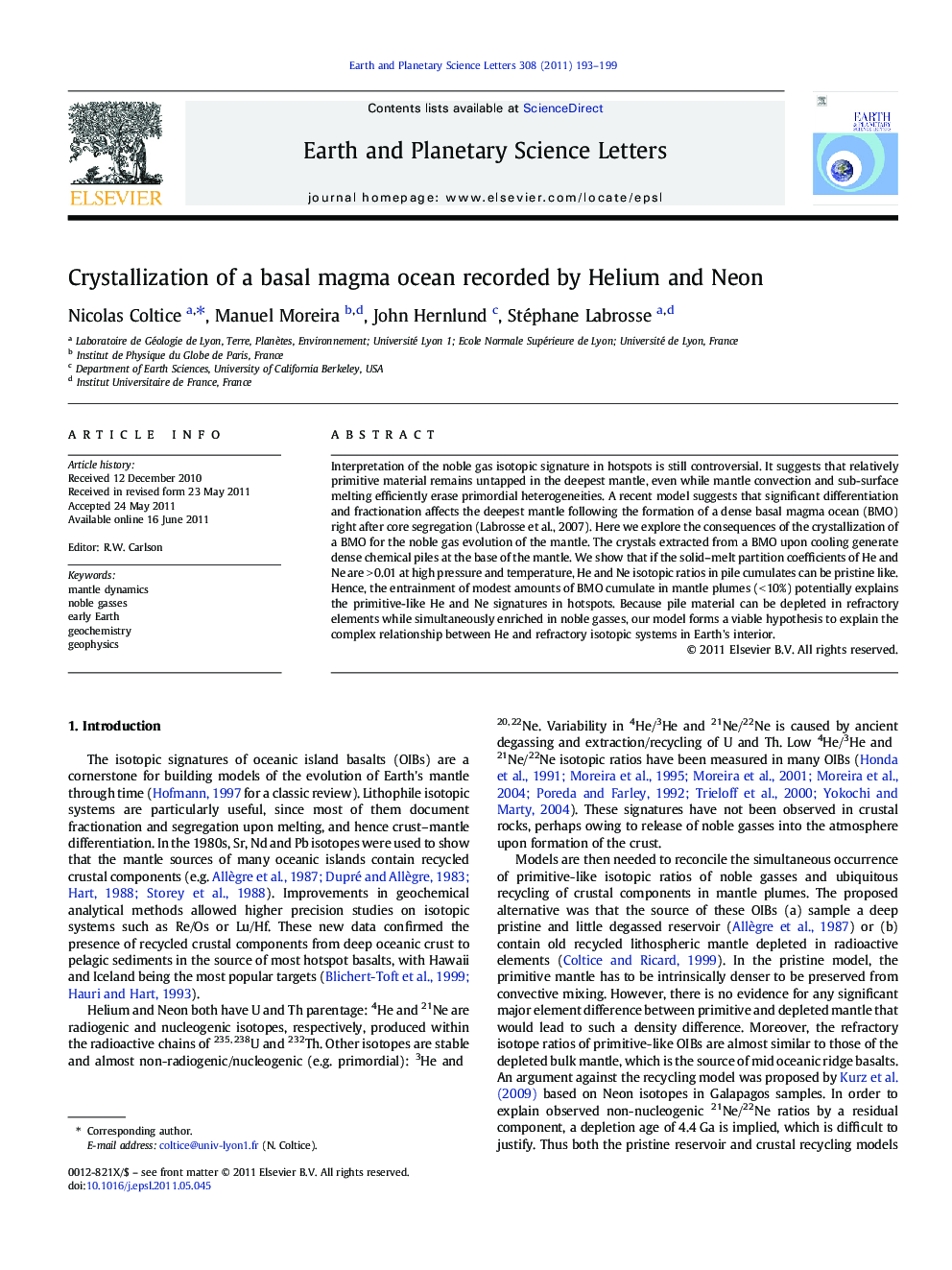 Crystallization of a basal magma ocean recorded by Helium and Neon