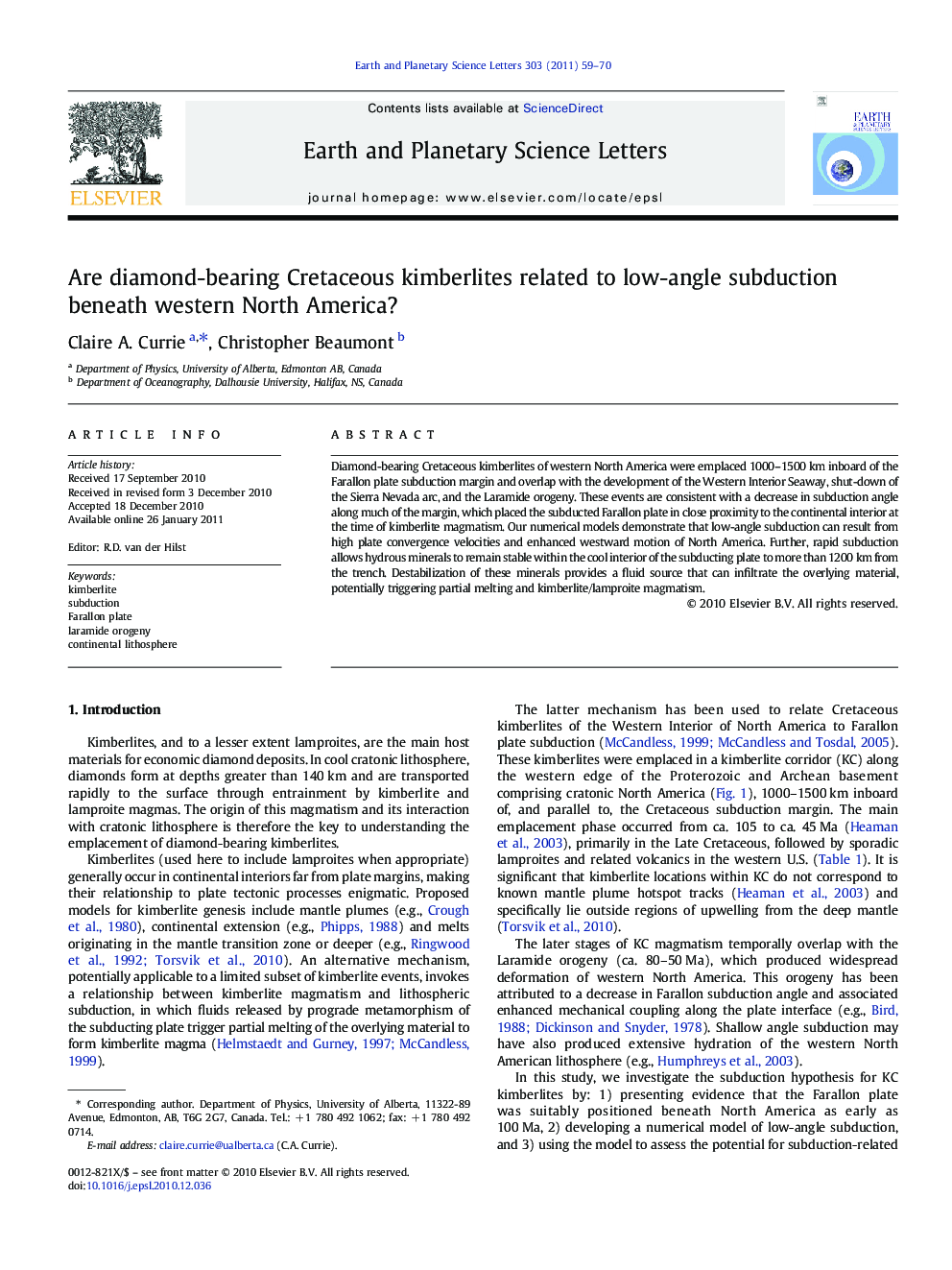 Are diamond-bearing Cretaceous kimberlites related to low-angle subduction beneath western North America?