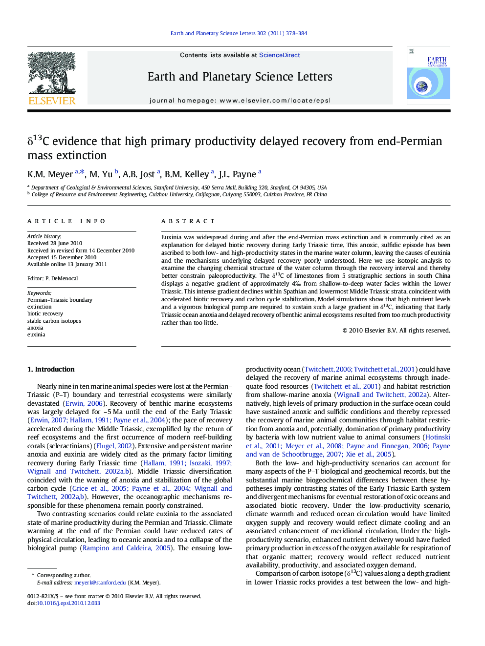 δ13C evidence that high primary productivity delayed recovery from end-Permian mass extinction