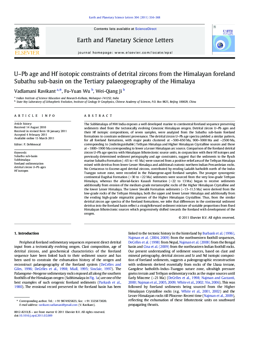 U–Pb age and Hf isotopic constraints of detrital zircons from the Himalayan foreland Subathu sub-basin on the Tertiary palaeogeography of the Himalaya