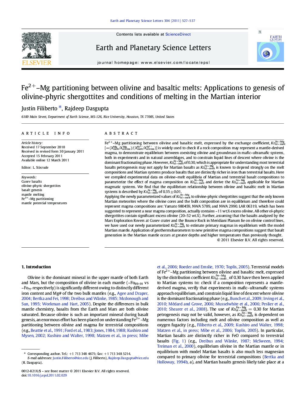 Fe2+–Mg partitioning between olivine and basaltic melts: Applications to genesis of olivine-phyric shergottites and conditions of melting in the Martian interior