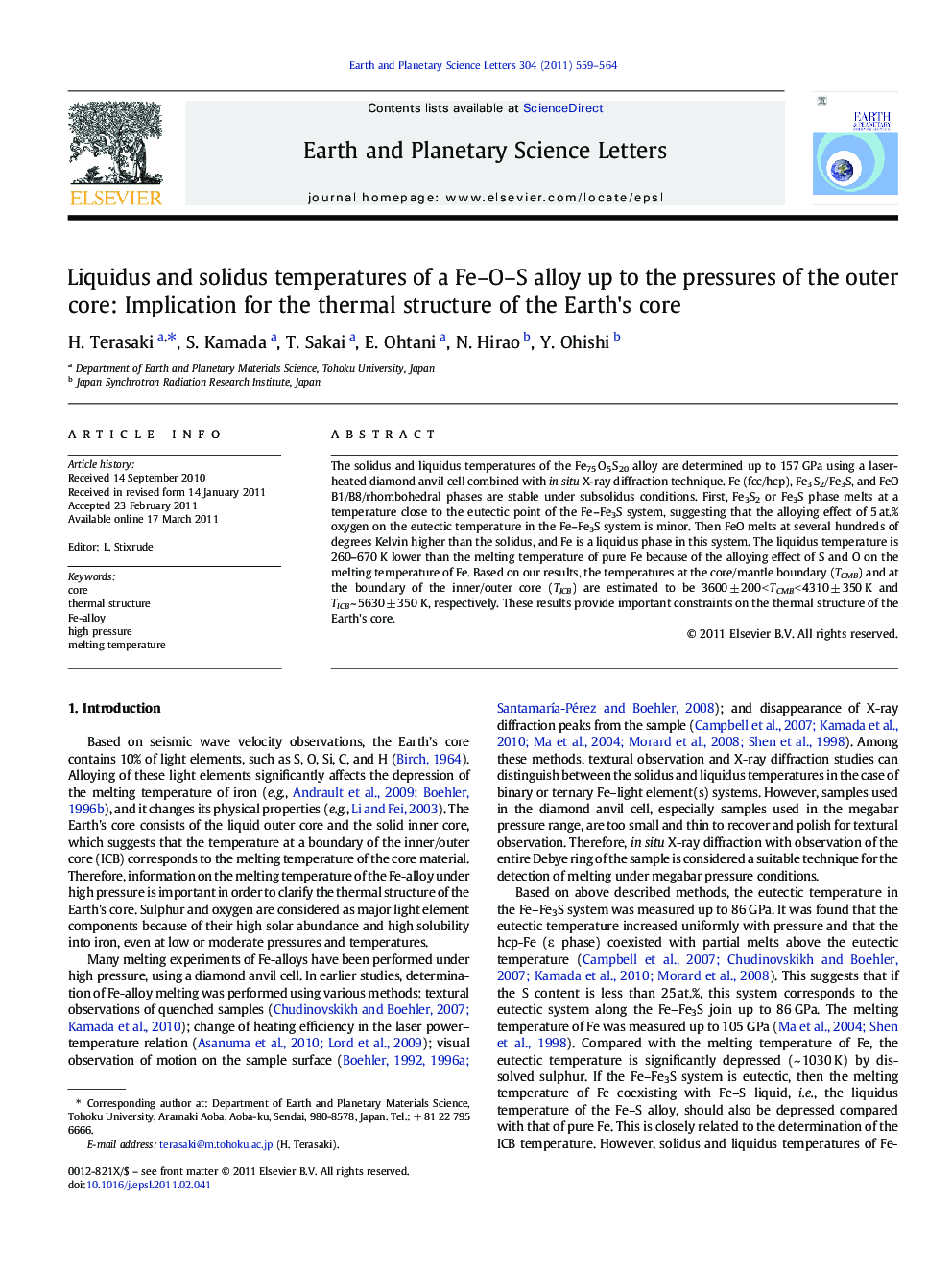 Liquidus and solidus temperatures of a Fe–O–S alloy up to the pressures of the outer core: Implication for the thermal structure of the Earth's core