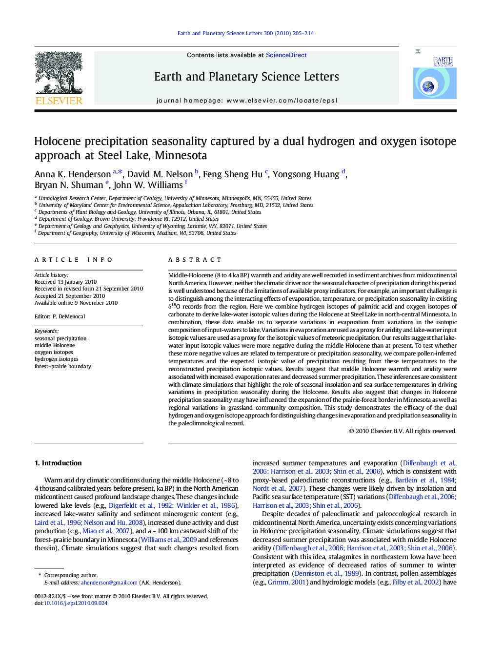 Holocene precipitation seasonality captured by a dual hydrogen and oxygen isotope approach at Steel Lake, Minnesota