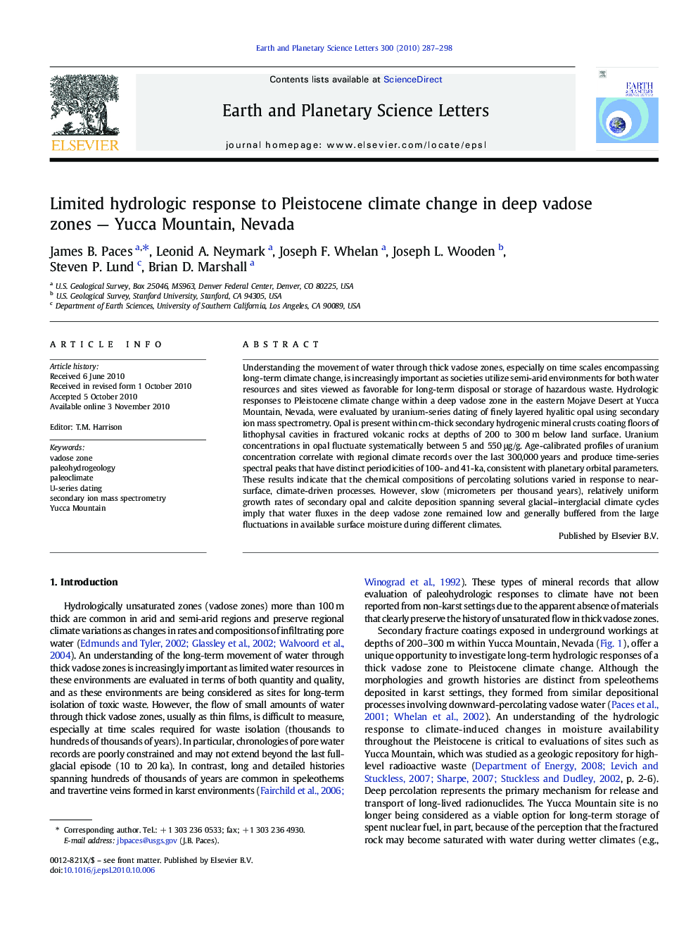 Limited hydrologic response to Pleistocene climate change in deep vadose zones — Yucca Mountain, Nevada