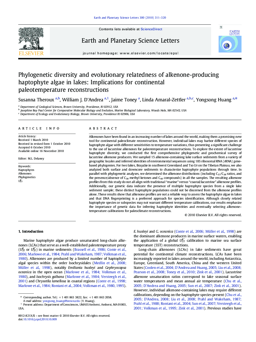 Phylogenetic diversity and evolutionary relatedness of alkenone-producing haptophyte algae in lakes: Implications for continental paleotemperature reconstructions