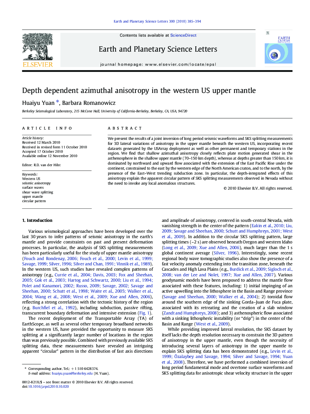 Depth dependent azimuthal anisotropy in the western US upper mantle