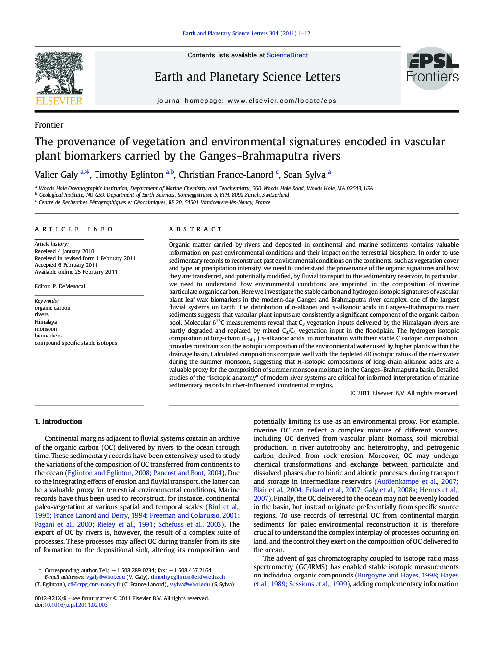 The provenance of vegetation and environmental signatures encoded in vascular plant biomarkers carried by the Ganges–Brahmaputra rivers