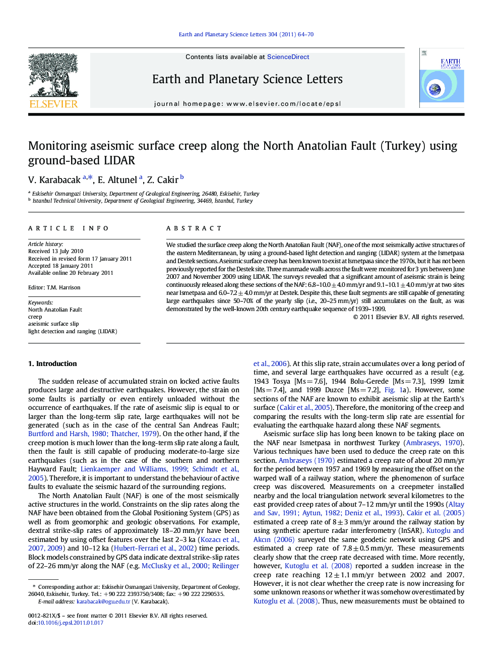 Monitoring aseismic surface creep along the North Anatolian Fault (Turkey) using ground-based LIDAR