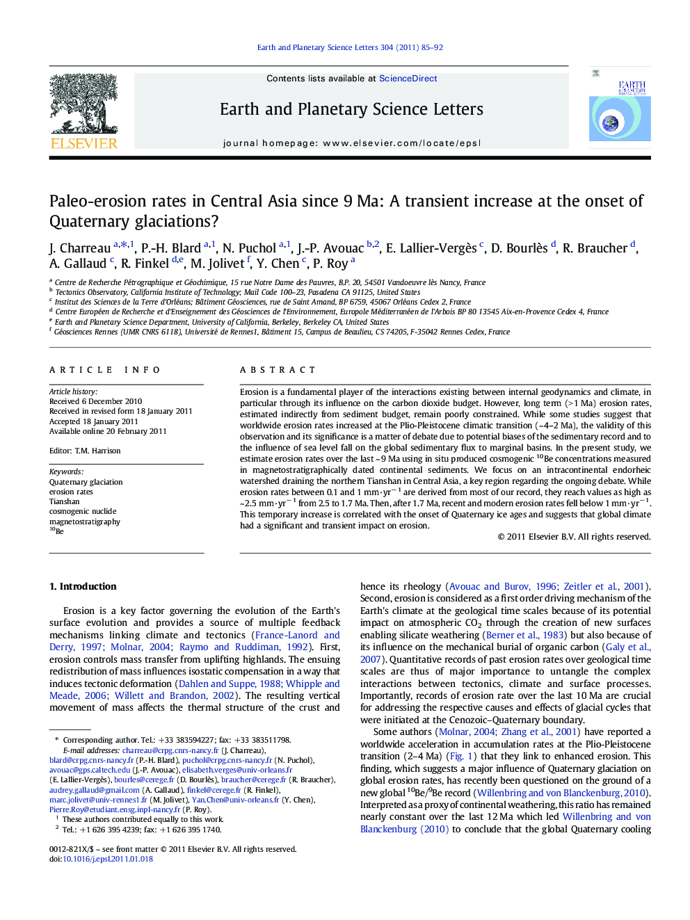 Paleo-erosion rates in Central Asia since 9 Ma: A transient increase at the onset of Quaternary glaciations?