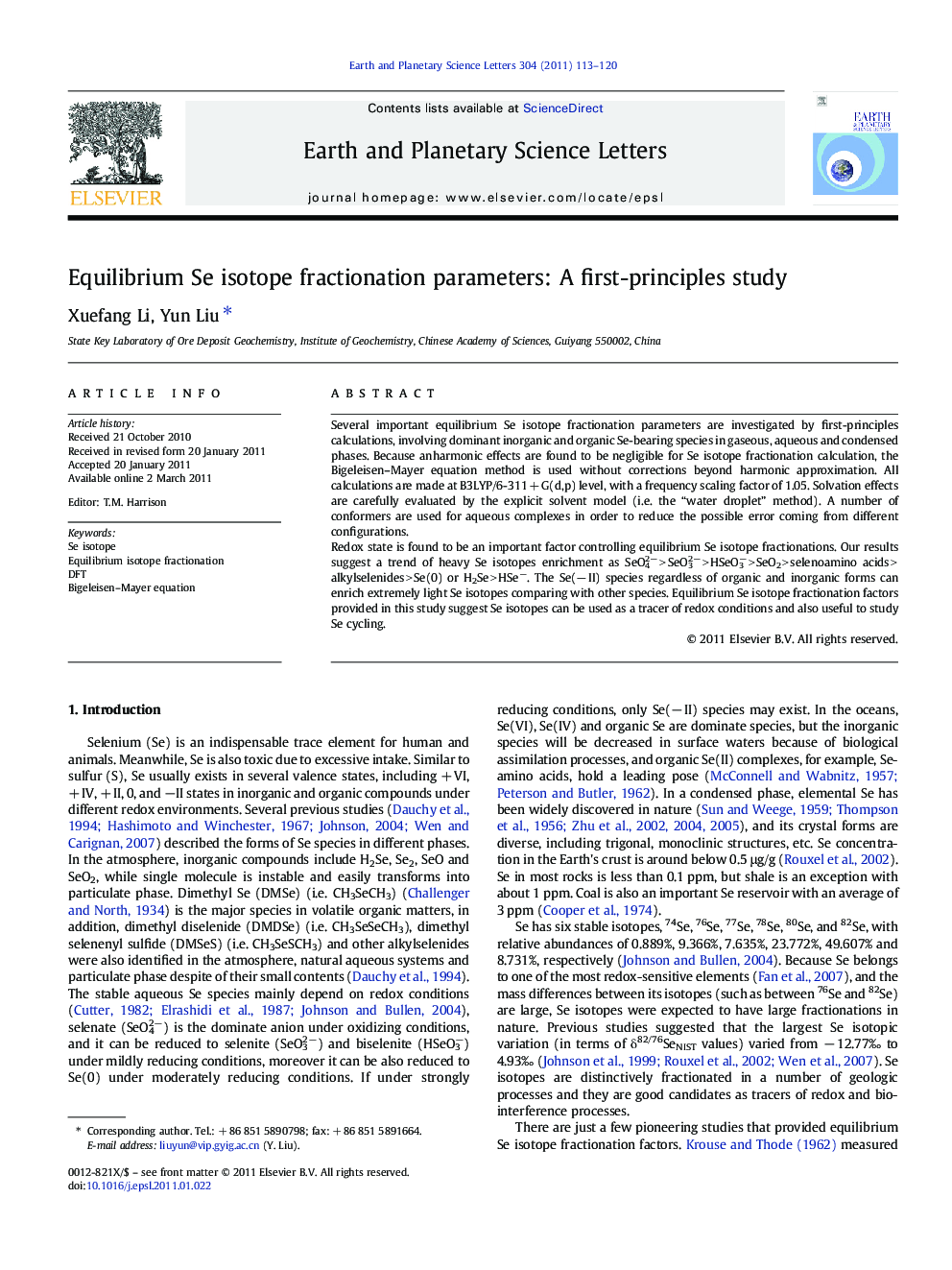 Equilibrium Se isotope fractionation parameters: A first-principles study