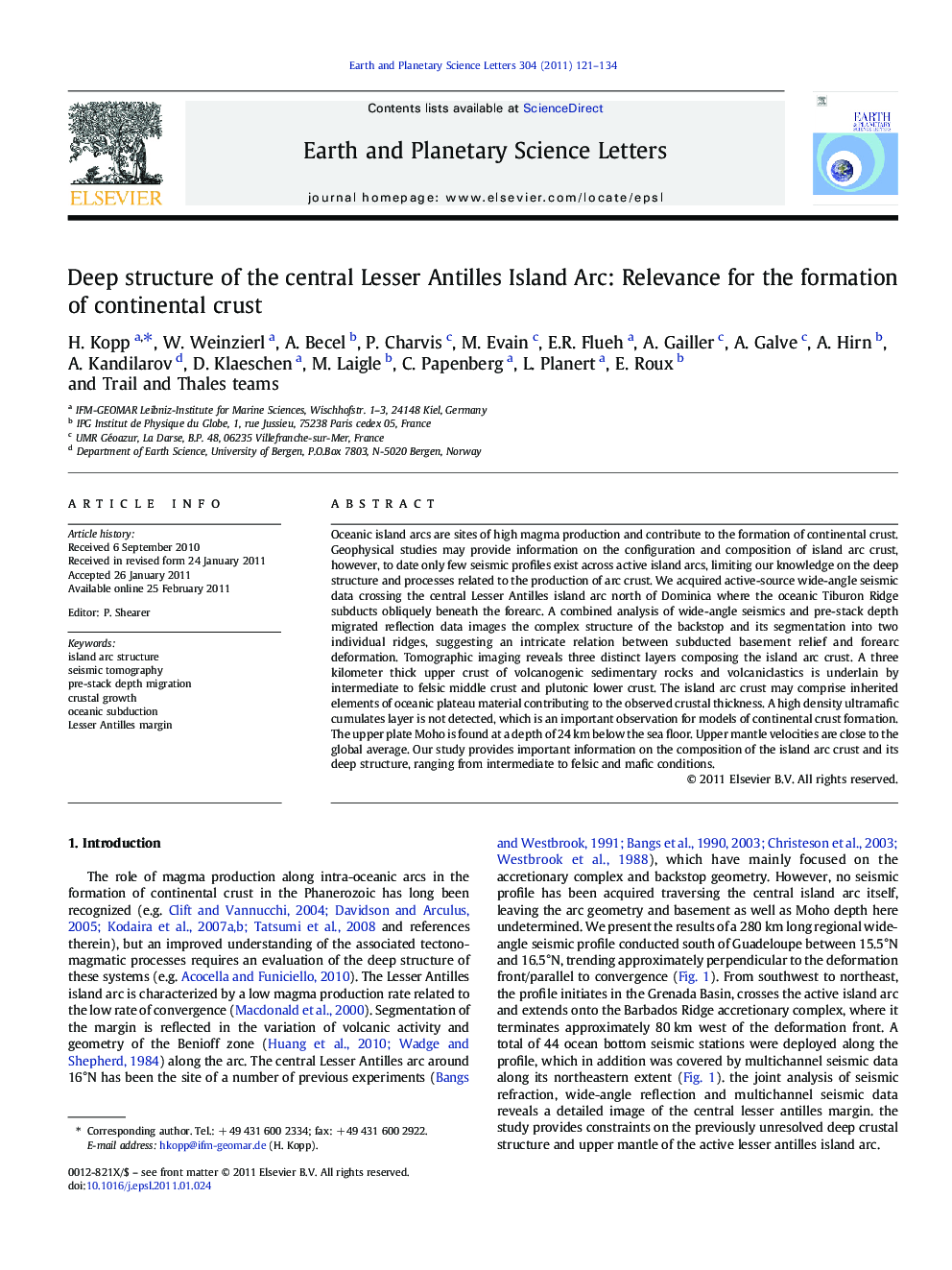 Deep structure of the central Lesser Antilles Island Arc: Relevance for the formation of continental crust