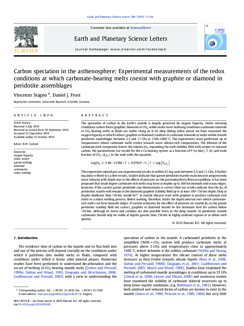 Carbon speciation in the asthenosphere: Experimental measurements of the redox conditions at which carbonate-bearing melts coexist with graphite or diamond in peridotite assemblages