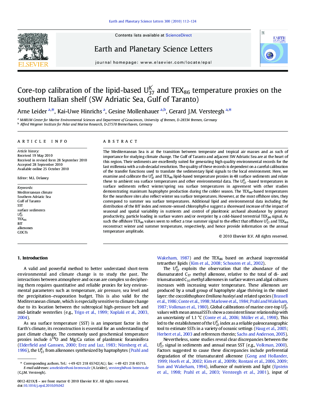 Core-top calibration of the lipid-based U37K′ and TEX86 temperature proxies on the southern Italian shelf (SW Adriatic Sea, Gulf of Taranto)