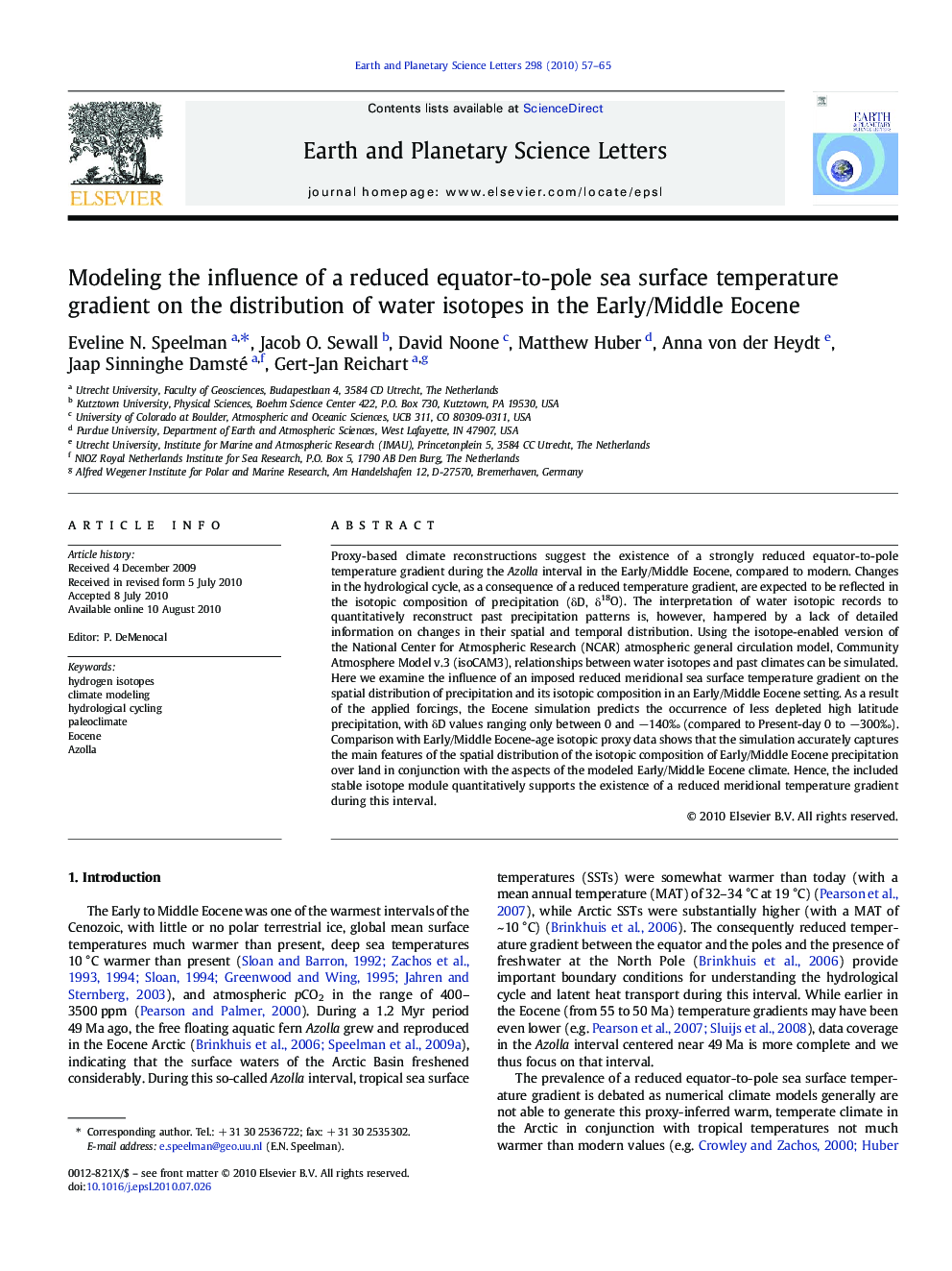 Modeling the influence of a reduced equator-to-pole sea surface temperature gradient on the distribution of water isotopes in the Early/Middle Eocene