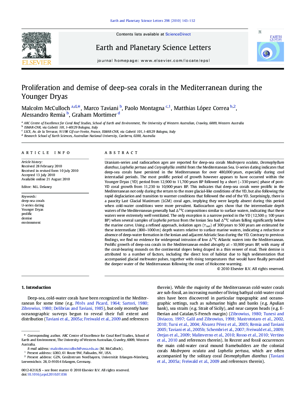 عکس صفحه اول مقاله: Proliferation and demise of deep-sea corals in the Mediterranean during the Younger Dryas Proliferation and demise of deep-sea corals in the Mediterranean during the Younger Dryas