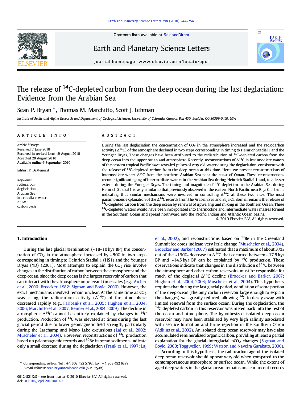 The release of 14C-depleted carbon from the deep ocean during the last deglaciation: Evidence from the Arabian Sea