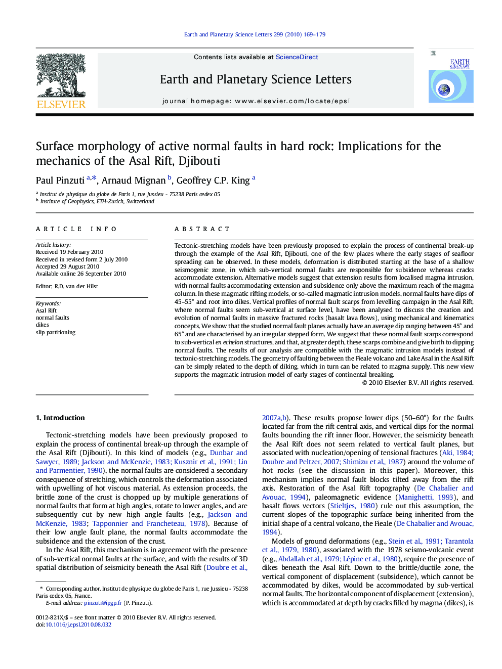 Surface morphology of active normal faults in hard rock: Implications for the mechanics of the Asal Rift, Djibouti