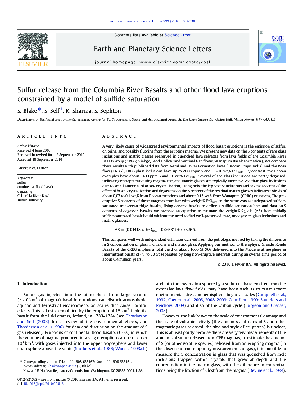 Sulfur release from the Columbia River Basalts and other flood lava eruptions constrained by a model of sulfide saturation