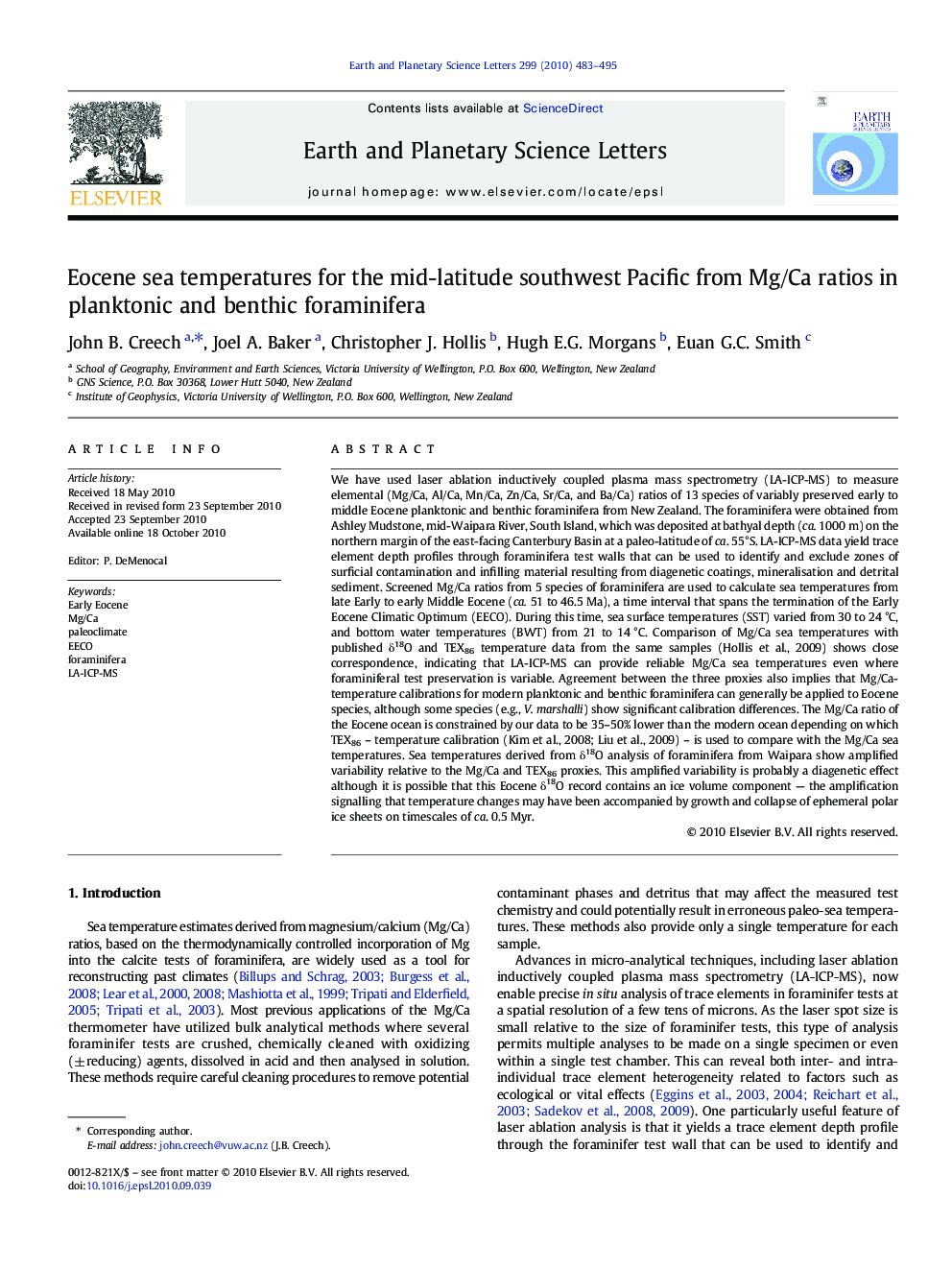 Eocene sea temperatures for the mid-latitude southwest Pacific from Mg/Ca ratios in planktonic and benthic foraminifera