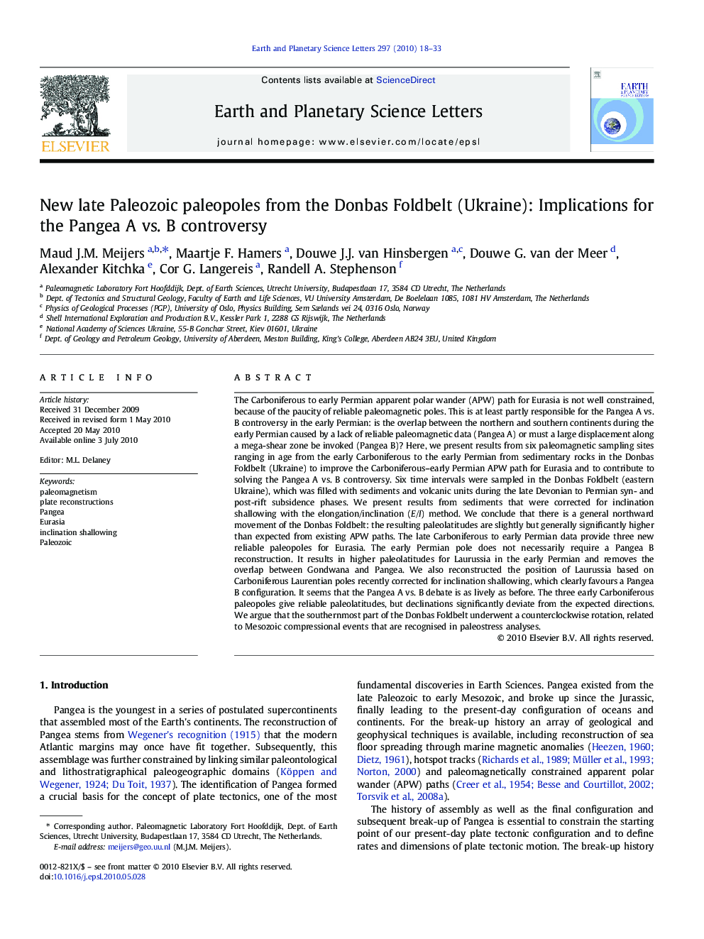 New late Paleozoic paleopoles from the Donbas Foldbelt (Ukraine): Implications for the Pangea A vs. B controversy