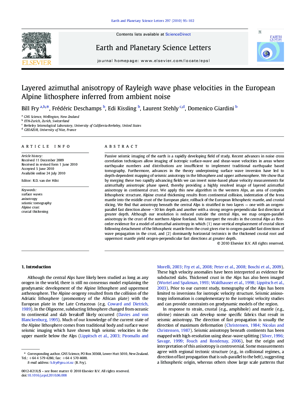 Layered azimuthal anisotropy of Rayleigh wave phase velocities in the European Alpine lithosphere inferred from ambient noise