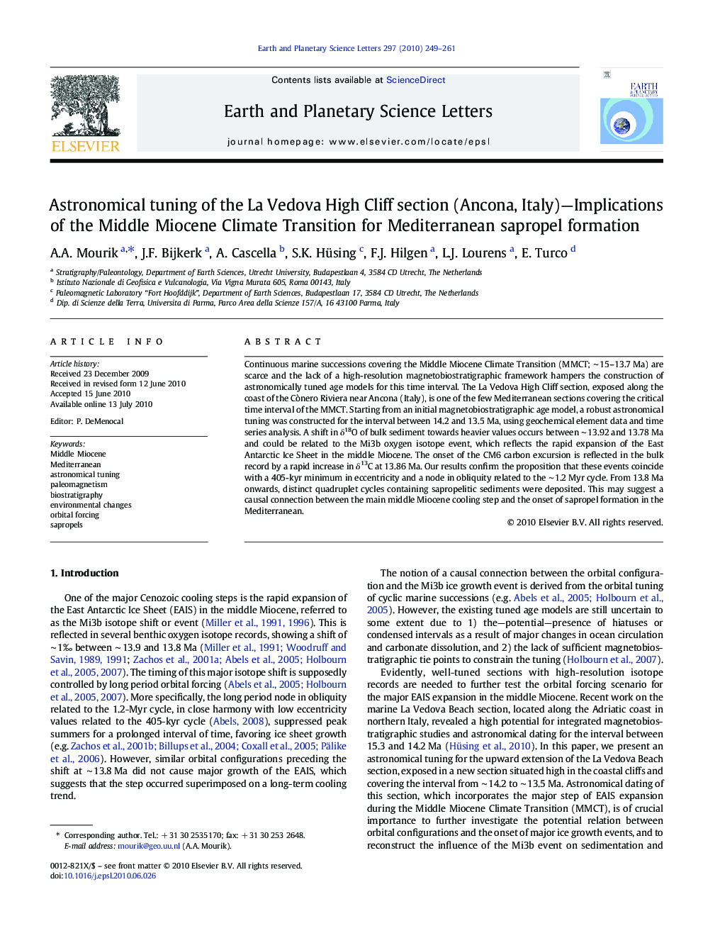 Astronomical tuning of the La Vedova High Cliff section (Ancona, Italy)—Implications of the Middle Miocene Climate Transition for Mediterranean sapropel formation