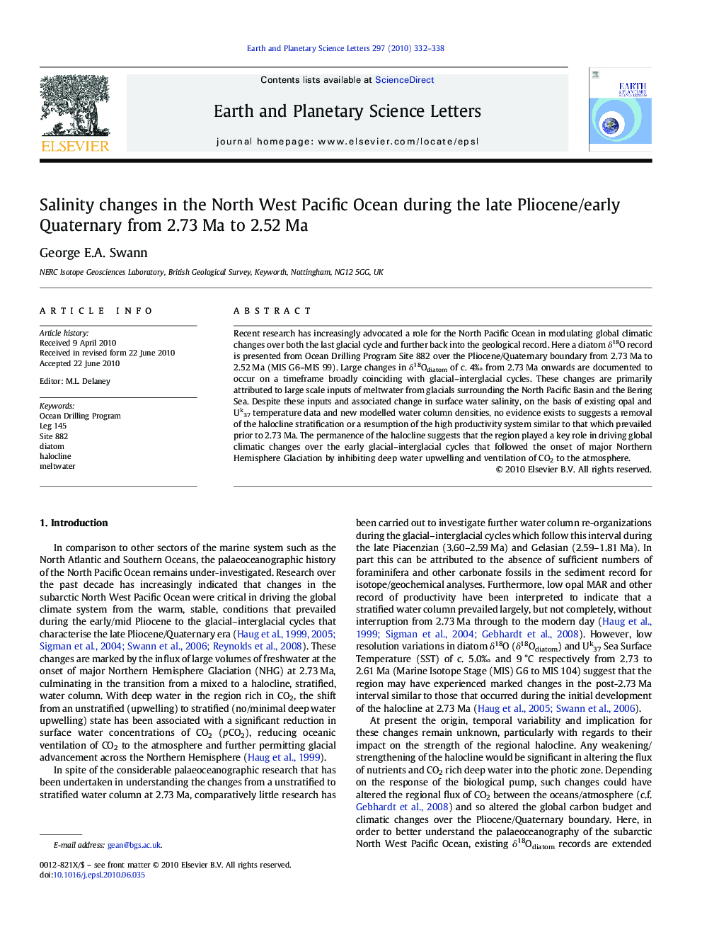 Salinity changes in the North West Pacific Ocean during the late Pliocene/early Quaternary from 2.73 Ma to 2.52 Ma