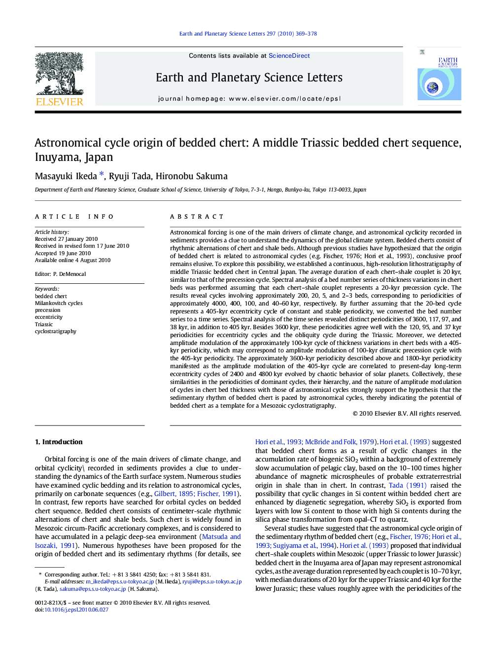 Astronomical cycle origin of bedded chert: A middle Triassic bedded chert sequence, Inuyama, Japan