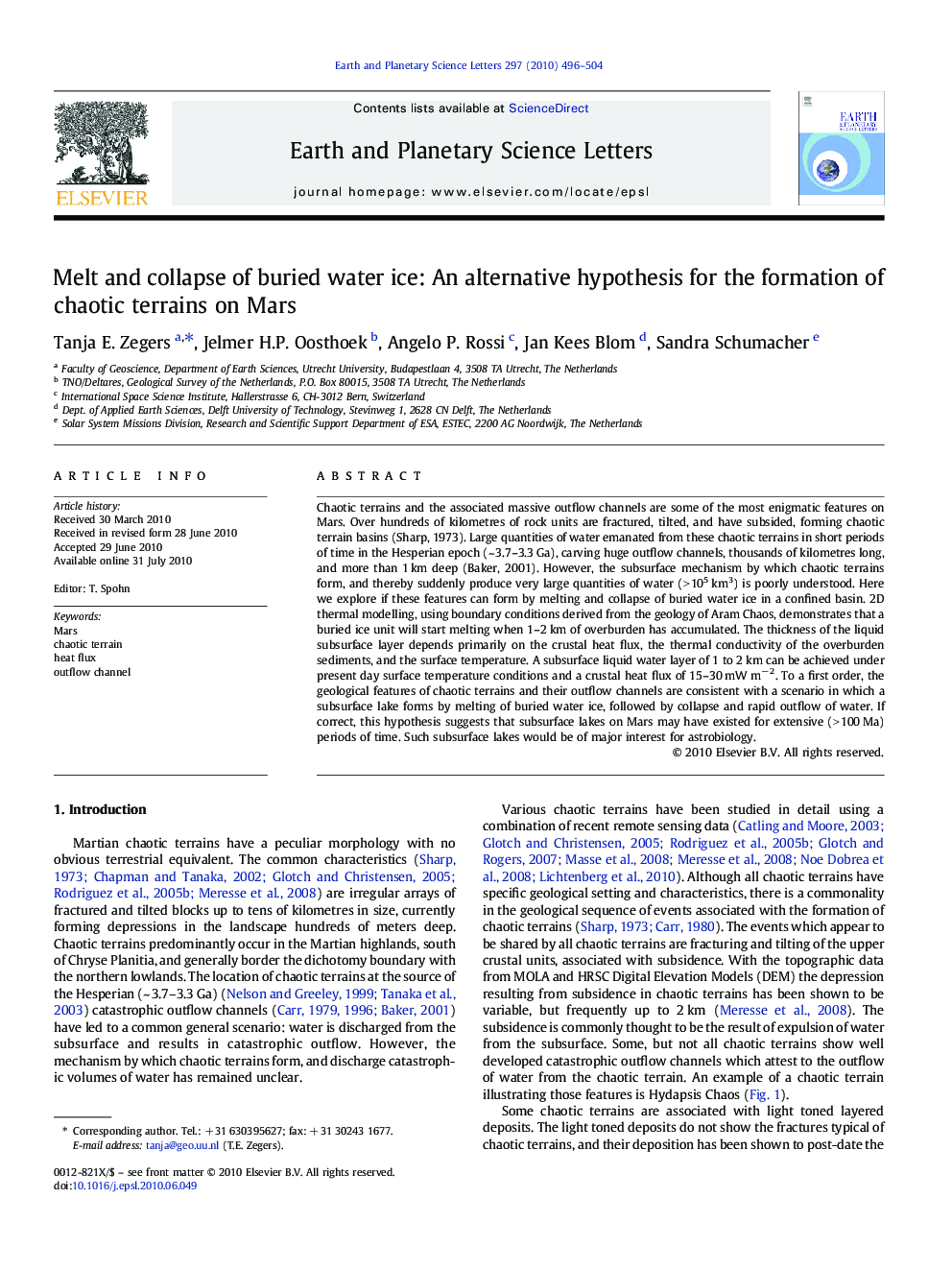 Melt and collapse of buried water ice: An alternative hypothesis for the formation of chaotic terrains on Mars