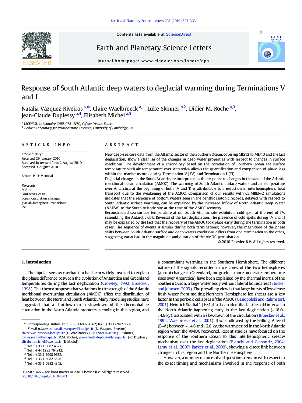 Response of South Atlantic deep waters to deglacial warming during Terminations V and I