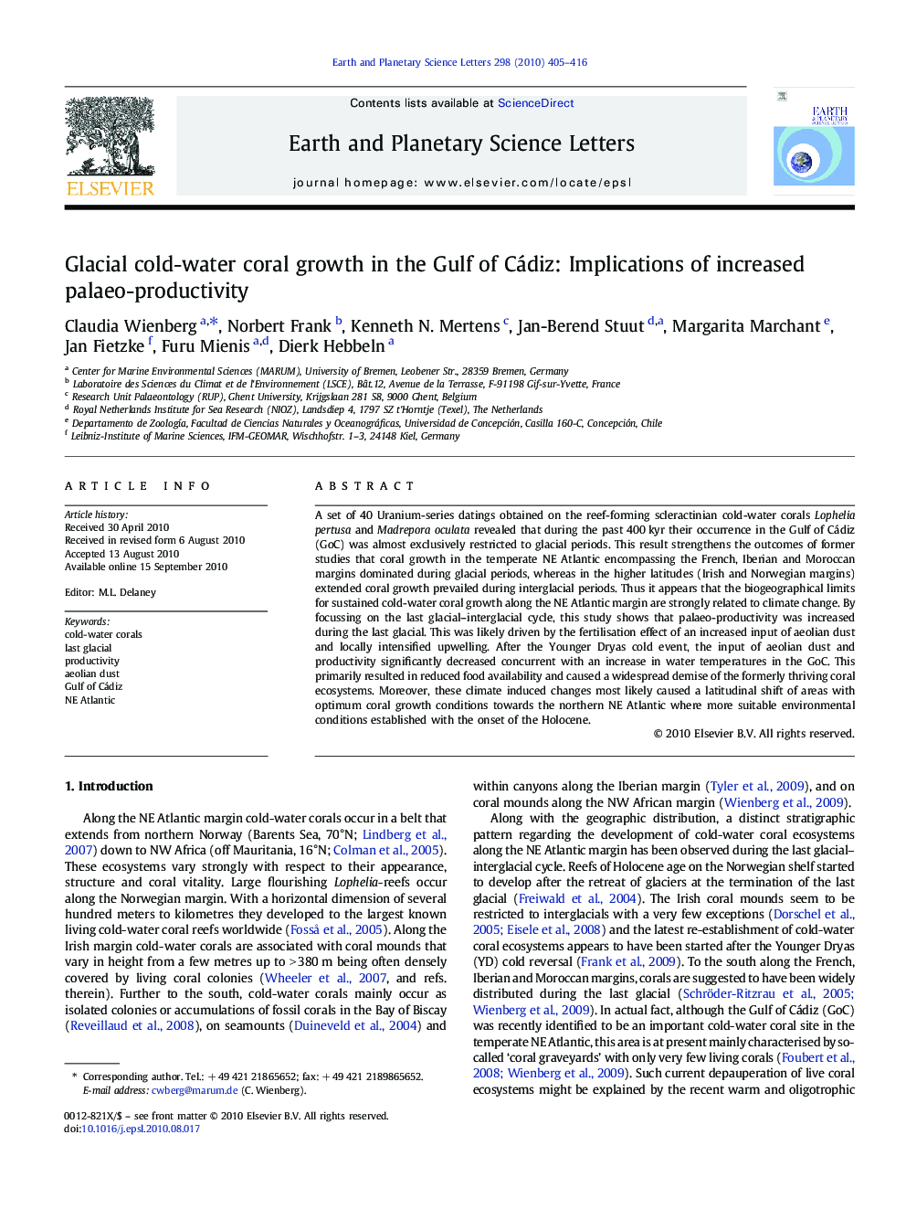 Glacial cold-water coral growth in the Gulf of Cádiz: Implications of increased palaeo-productivity