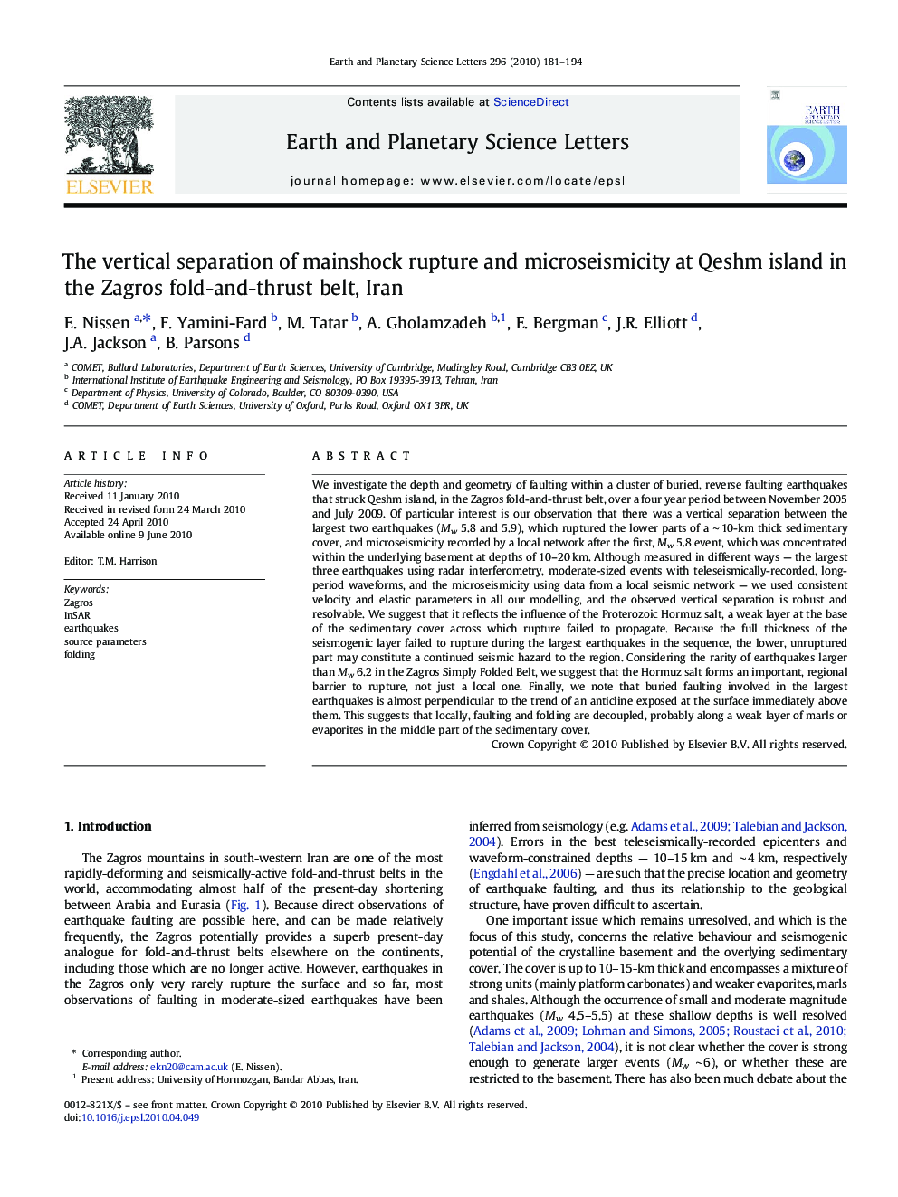 The vertical separation of mainshock rupture and microseismicity at Qeshm island in the Zagros fold-and-thrust belt, Iran