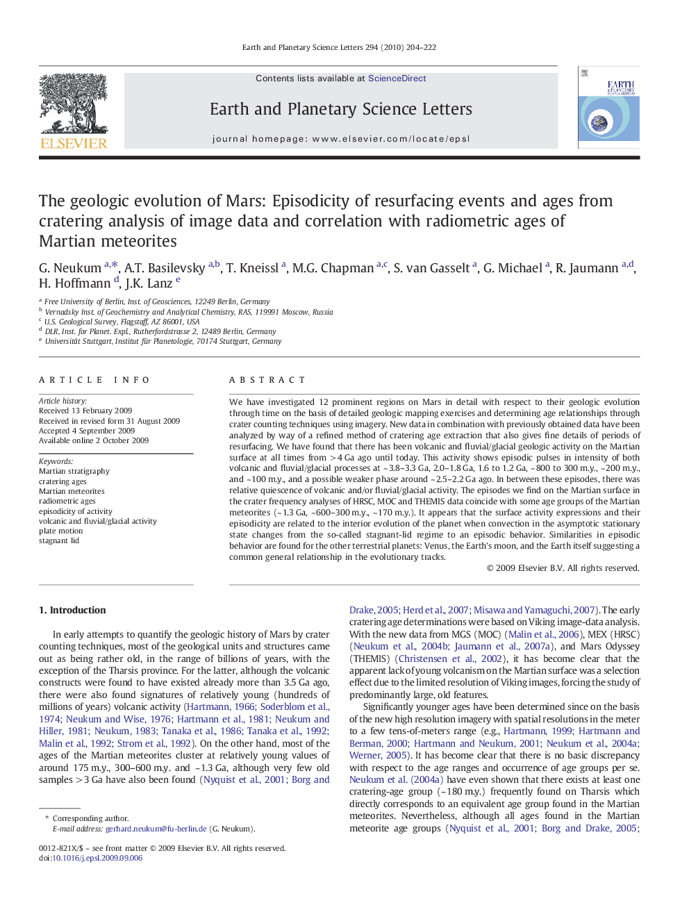 The geologic evolution of Mars: Episodicity of resurfacing events and ages from cratering analysis of image data and correlation with radiometric ages of Martian meteorites