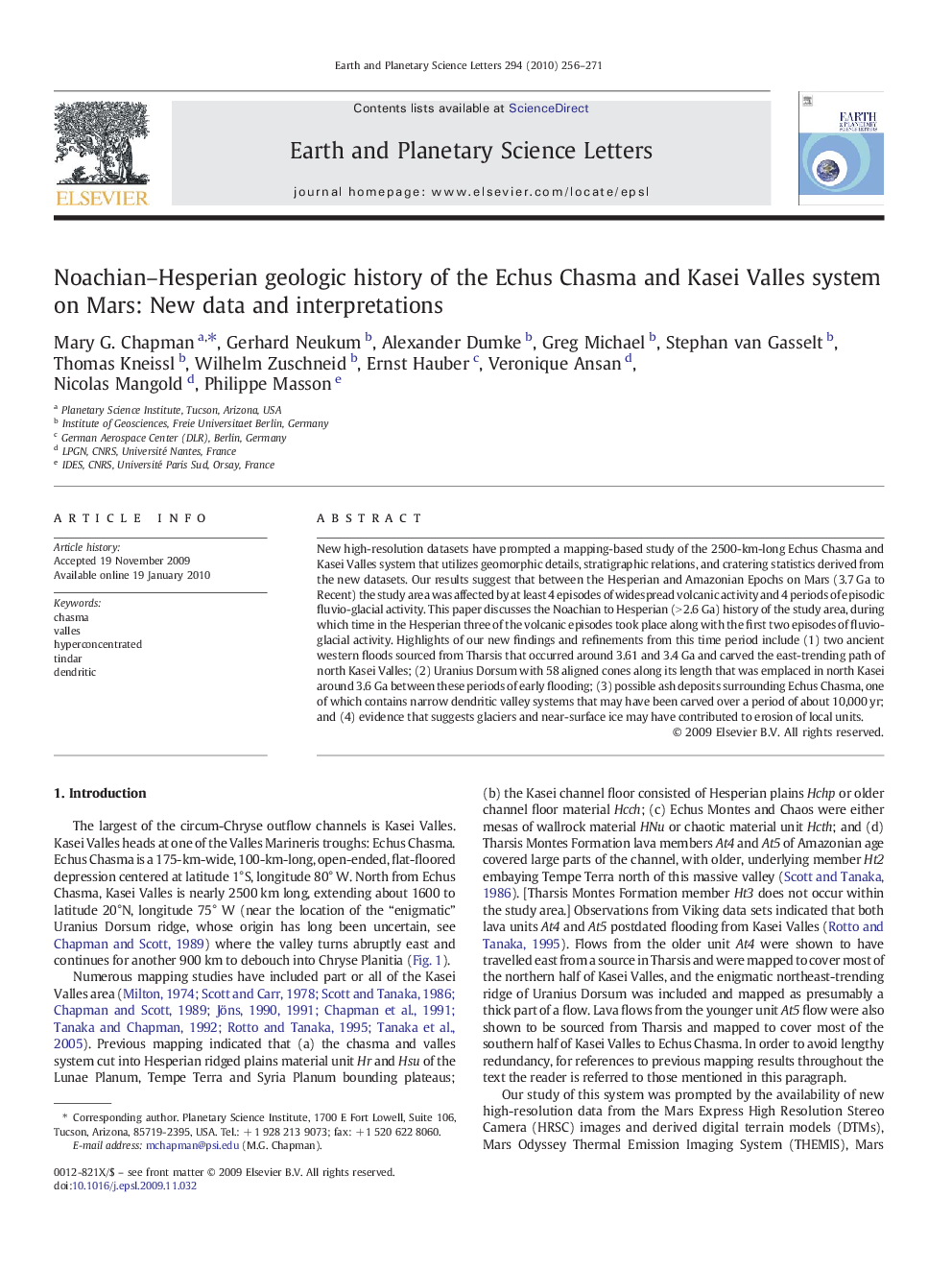 Noachian–Hesperian geologic history of the Echus Chasma and Kasei Valles system on Mars: New data and interpretations